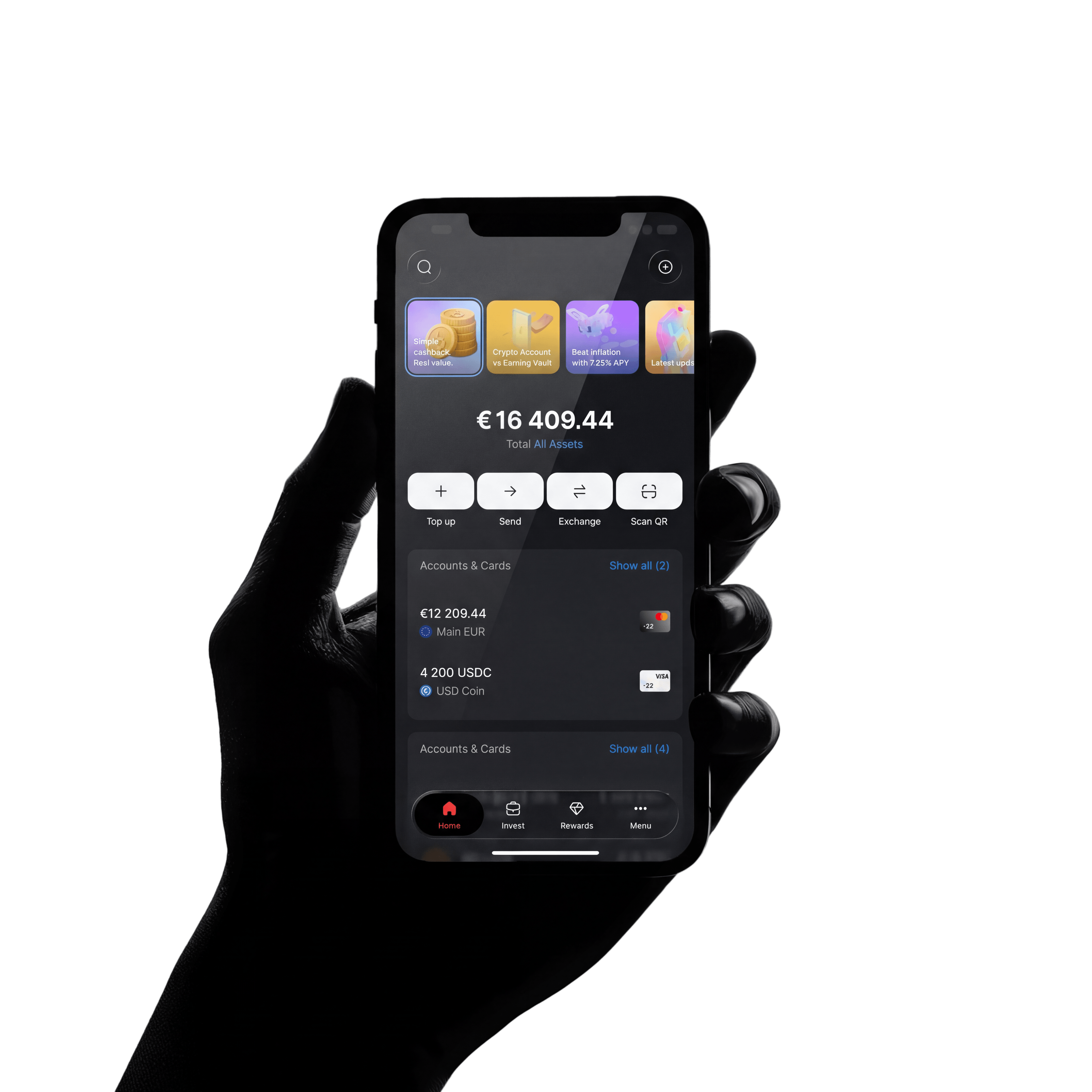 A hand holding a smartphone displaying the Brighty app interface, showing crypto balances and transactions, with a dark background and the Brighty logo at the top of the screen